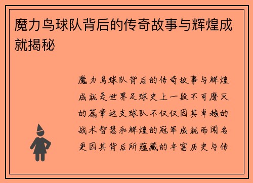 魔力鸟球队背后的传奇故事与辉煌成就揭秘