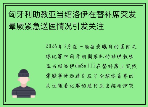 匈牙利助教亚当绍洛伊在替补席突发晕厥紧急送医情况引发关注