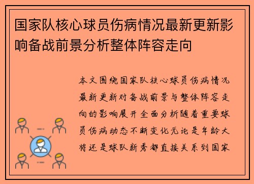 国家队核心球员伤病情况最新更新影响备战前景分析整体阵容走向 国家队核心球员伤病情况最新更新影响备战前景分析整体阵容走向