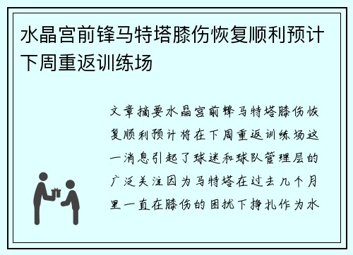 水晶宫前锋马特塔膝伤恢复顺利预计下周重返训练场 水晶宫前锋马特塔膝伤恢复顺利预计下周重返训练场