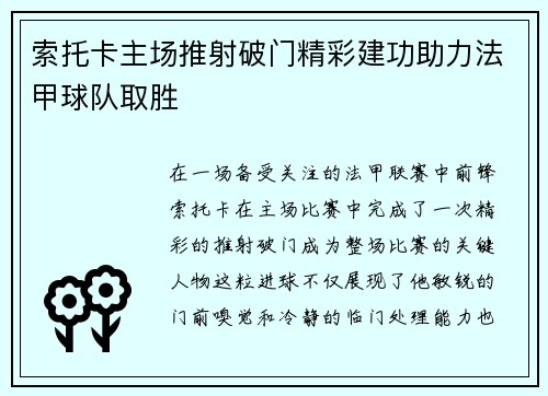 索托卡主场推射破门精彩建功助力法甲球队取胜